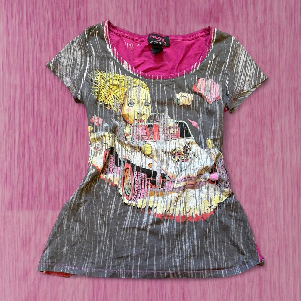custo barcelona 2000s graphic pink AOP baby tee